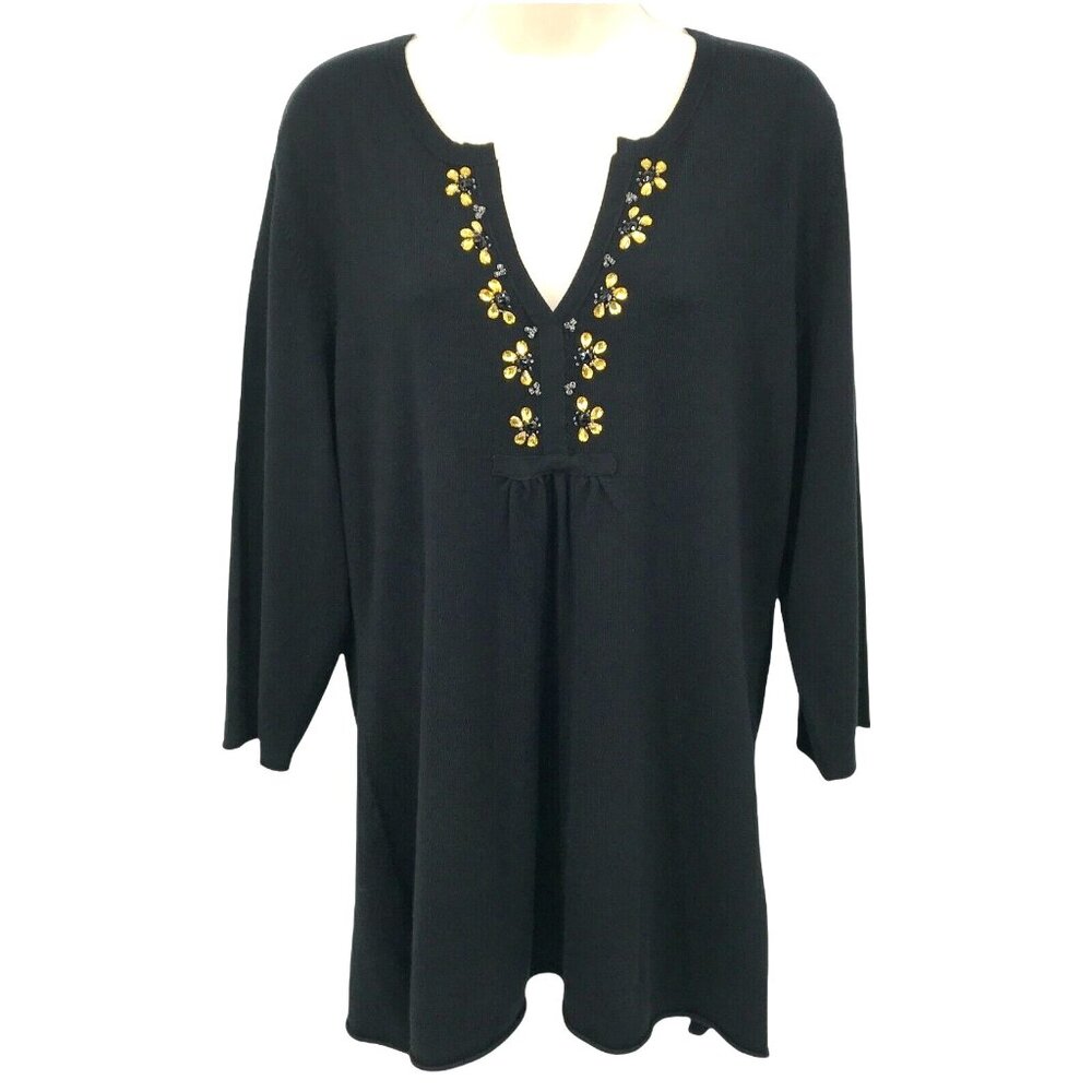 Quacker Factory Womens Black Long Sleeve V Neck Jeweled Pullover Sweater Size L